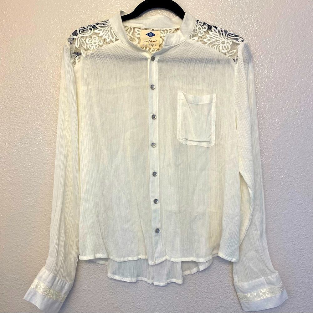 Wild Blue semi sheer lace button up blouse white western coastal festival L
